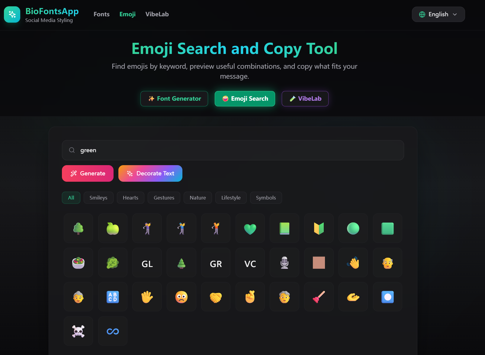 Searching for emoji by keyword in BioFonts