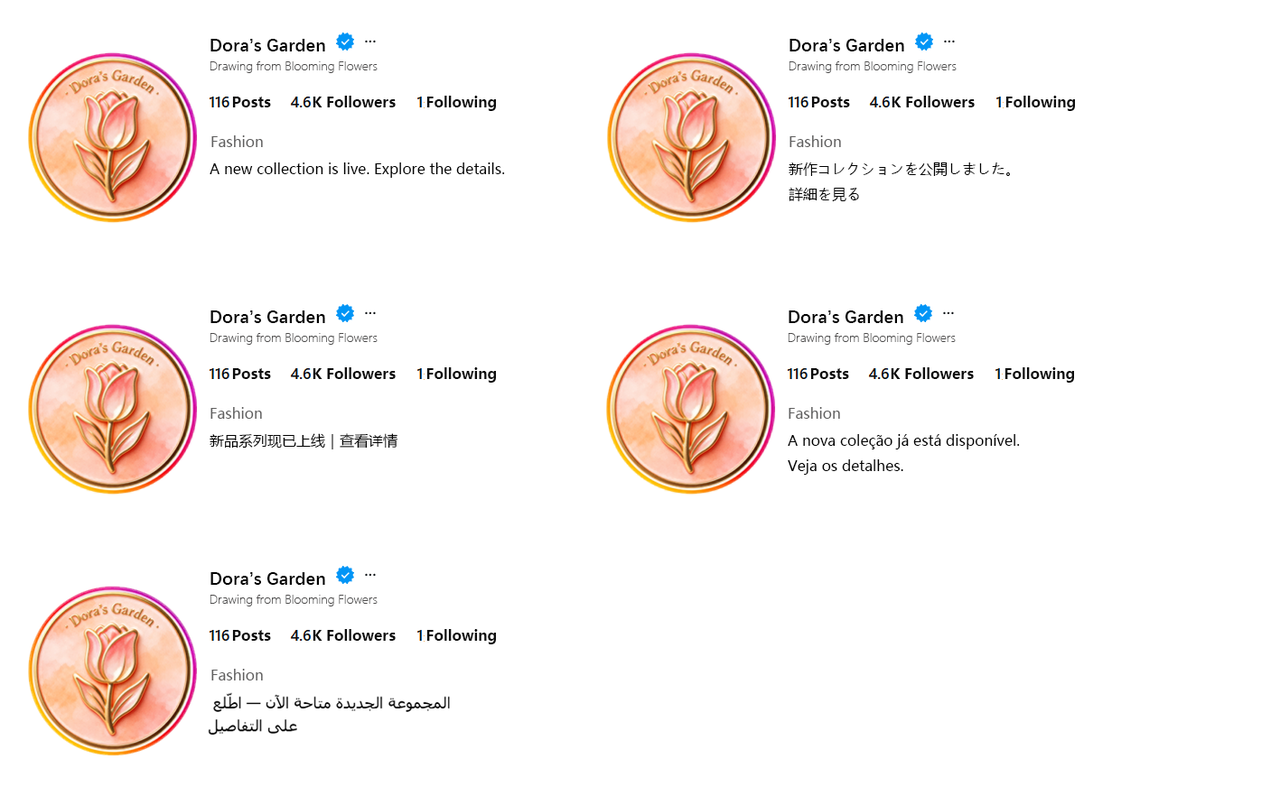 Layoutvergleich desselben Social-Media-Texts in mehreren Sprachen