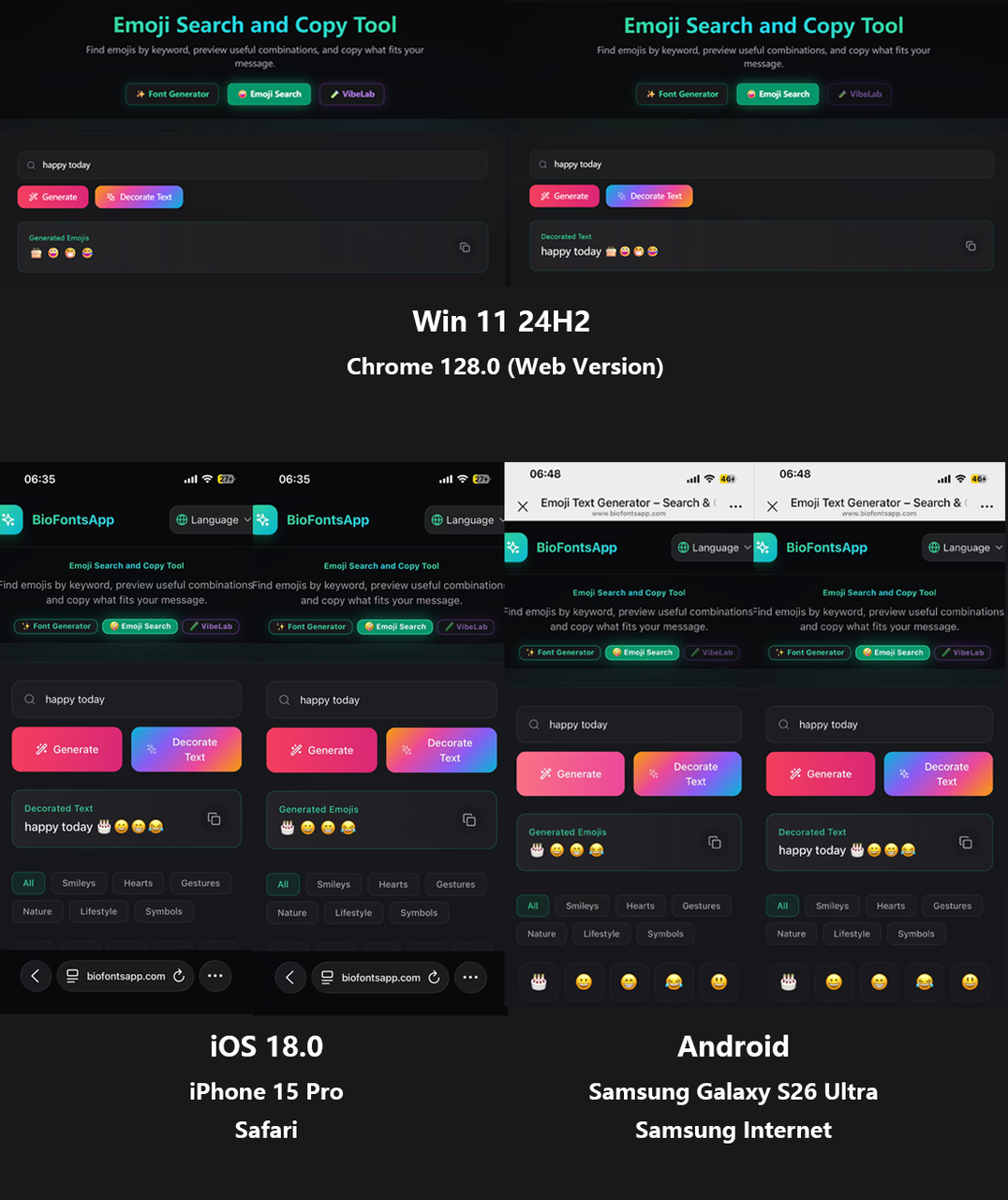 동일한 문장과 이모지를 Windows, iOS, Android에서 표시한 비교. 문구, 기능, 표시 배율은 동일함